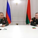 Russian Defense Minister Sergei Shoigu, left, and Belarusian Defense Minister Viktor Khrenin speak to the media after a session of the Council of Defense Ministers of the Collective Security Treaty Organization (CSTO) in Minsk, Belarus, Thursday, May 25, 2023. (Vadim Savitsky/Russian Defense Ministry Press Service via AP)