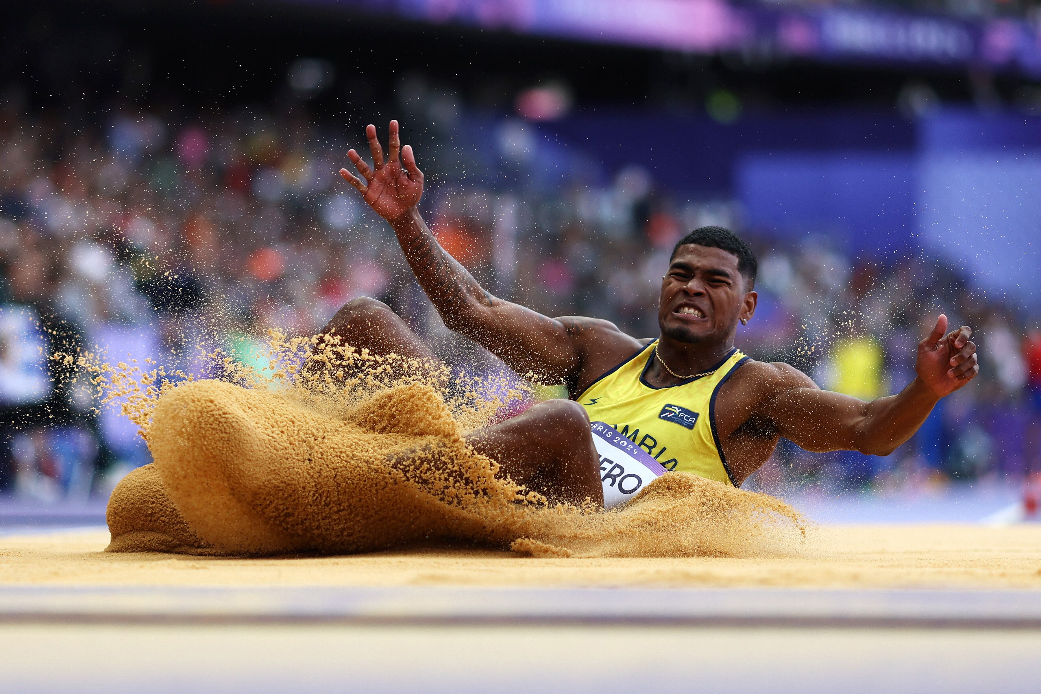 PARIS, FRANCE - AUGUST 04: Arnovis Dalmero of Team Colombia competes during the Men's Long Jump Qualification on day nine of the Olympic Games Paris 2024 at Stade de France on August 04, 2024 in Paris, France. (Photo by Christian Petersen/Getty Images)