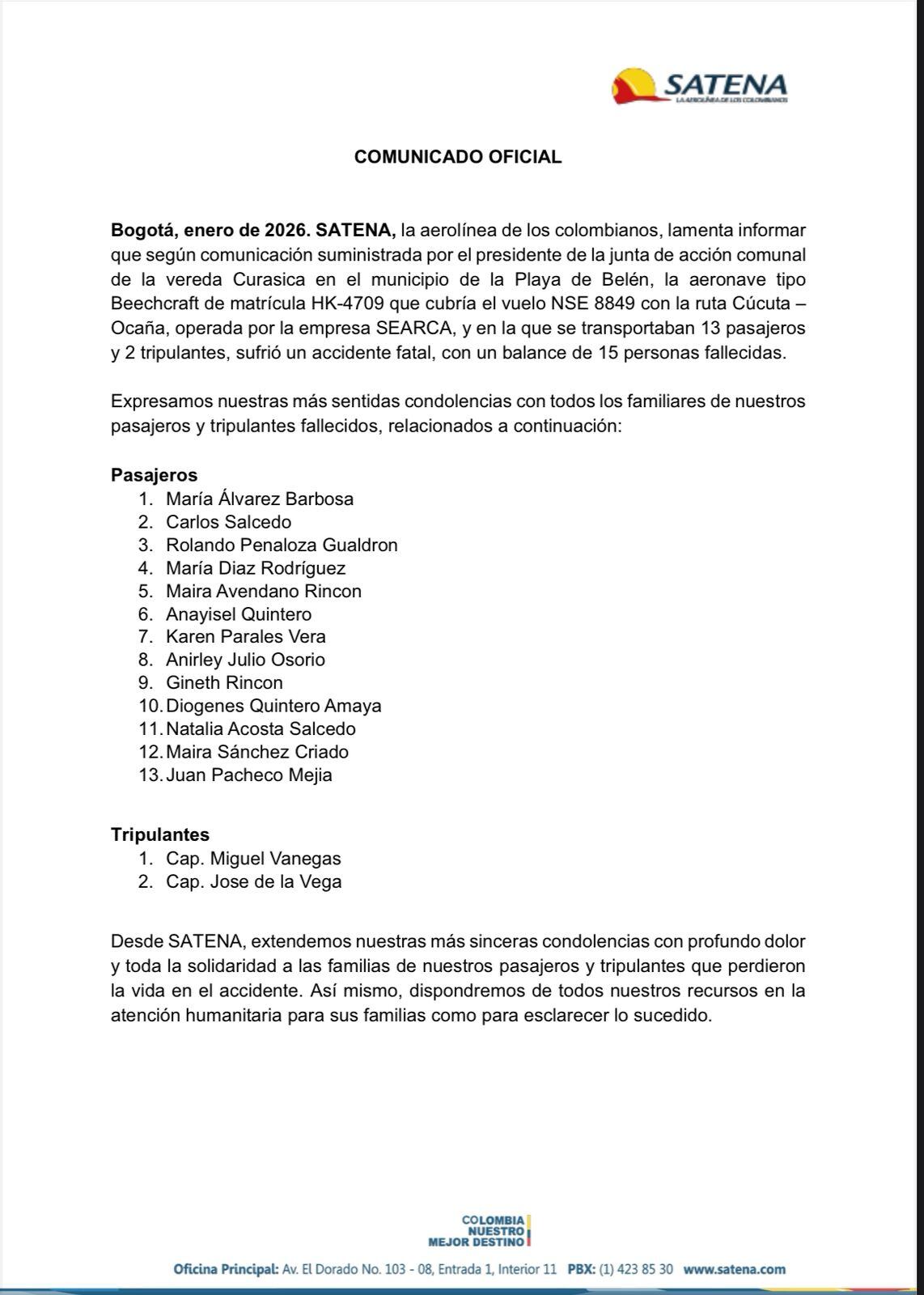 En el comunicado se dio el listado de quienes iban en la avioneta.