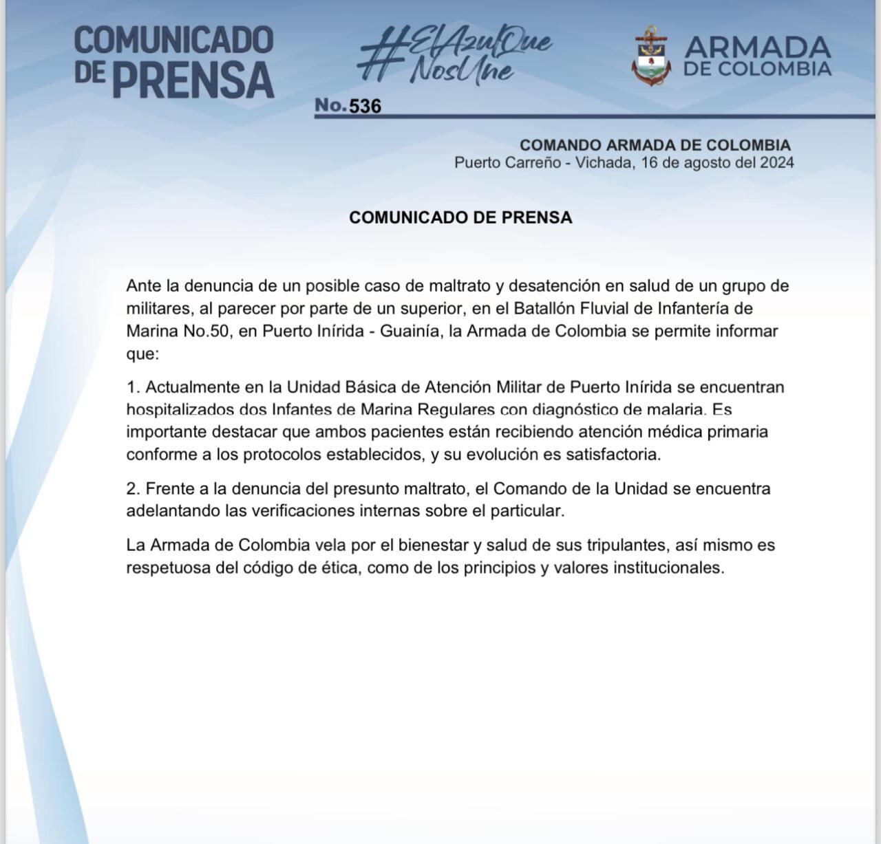 Armada indicó que verifica posible caso de maltrato en batallón de Guainía.
