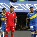 Boca Juniors' Colombian forward Sebastian Villa (R) celebrates after scoring the team's second goal against Independiente during their Argentine Professional Football League tournament match at La Bombonera stadium in Buenos Aires, on October 23, 2022.
ALEJANDRO PAGNI / AFP