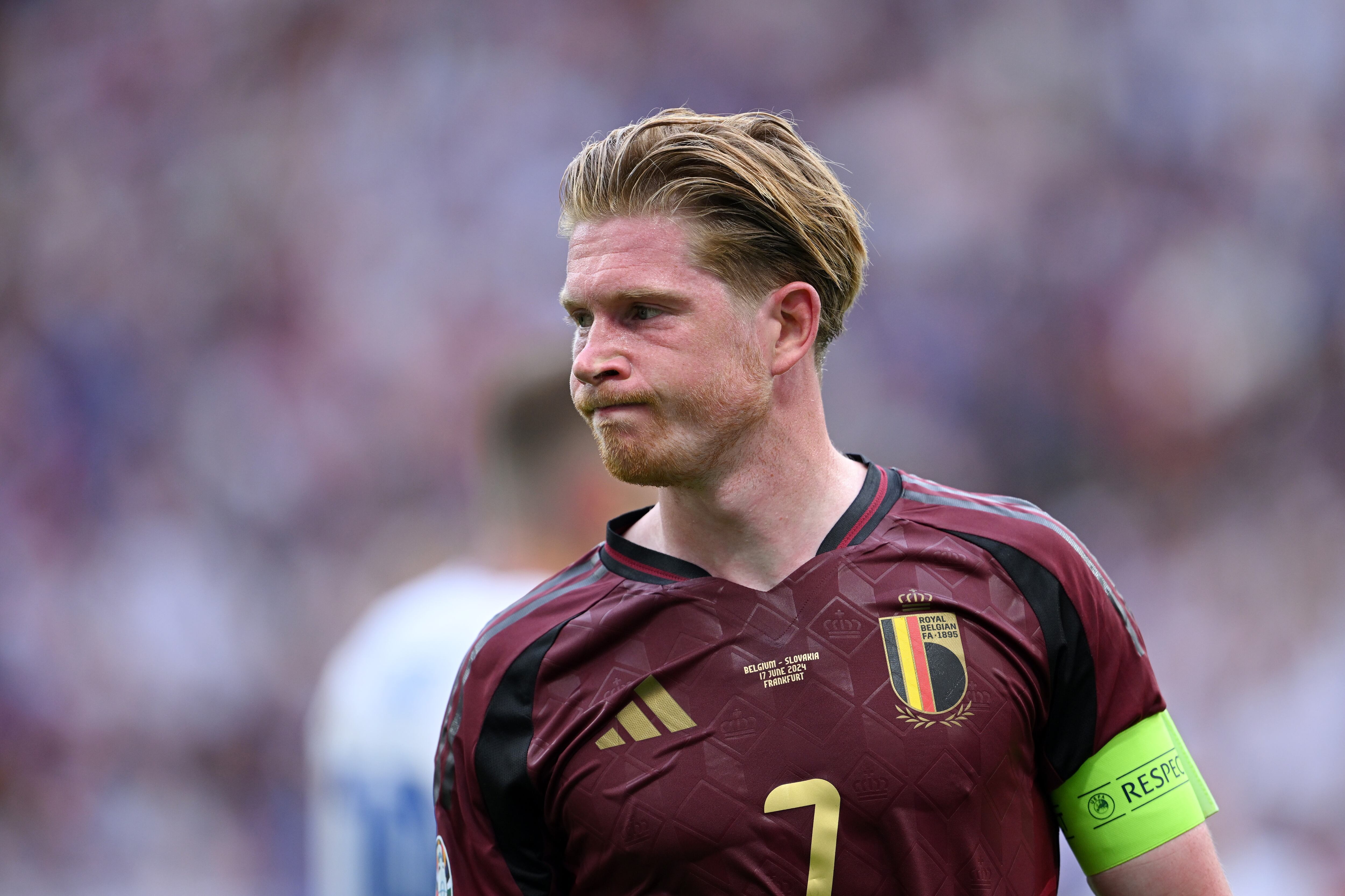 FRANKFURT AM MAIN, GERMANY - JUNE 17: Kevin De Bruyne of Belgium reacts during the UEFA EURO 2024 group stage match between Belgium and Slovakia at Frankfurt Arena on June 17, 2024 in Frankfurt am Main, Germany. (Photo by Stu Forster/Getty Images)