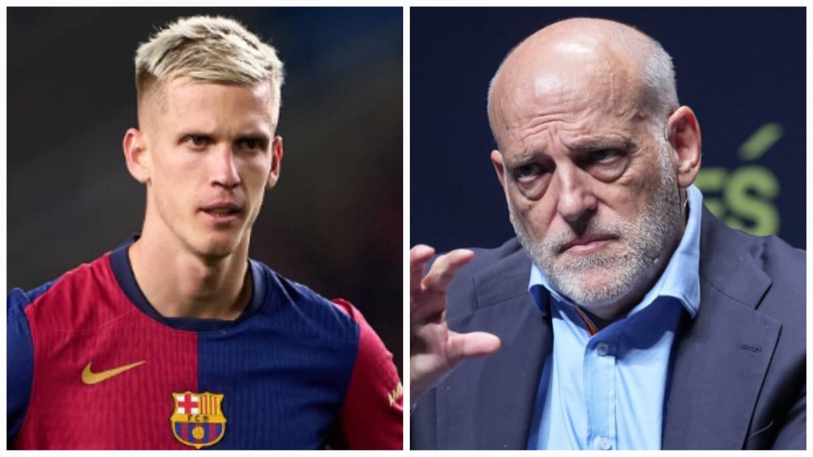 A la izquierda Dani Olmo, futbolista del Barcelona. A la derecha Javier Tebas, presidente de LaLiga.