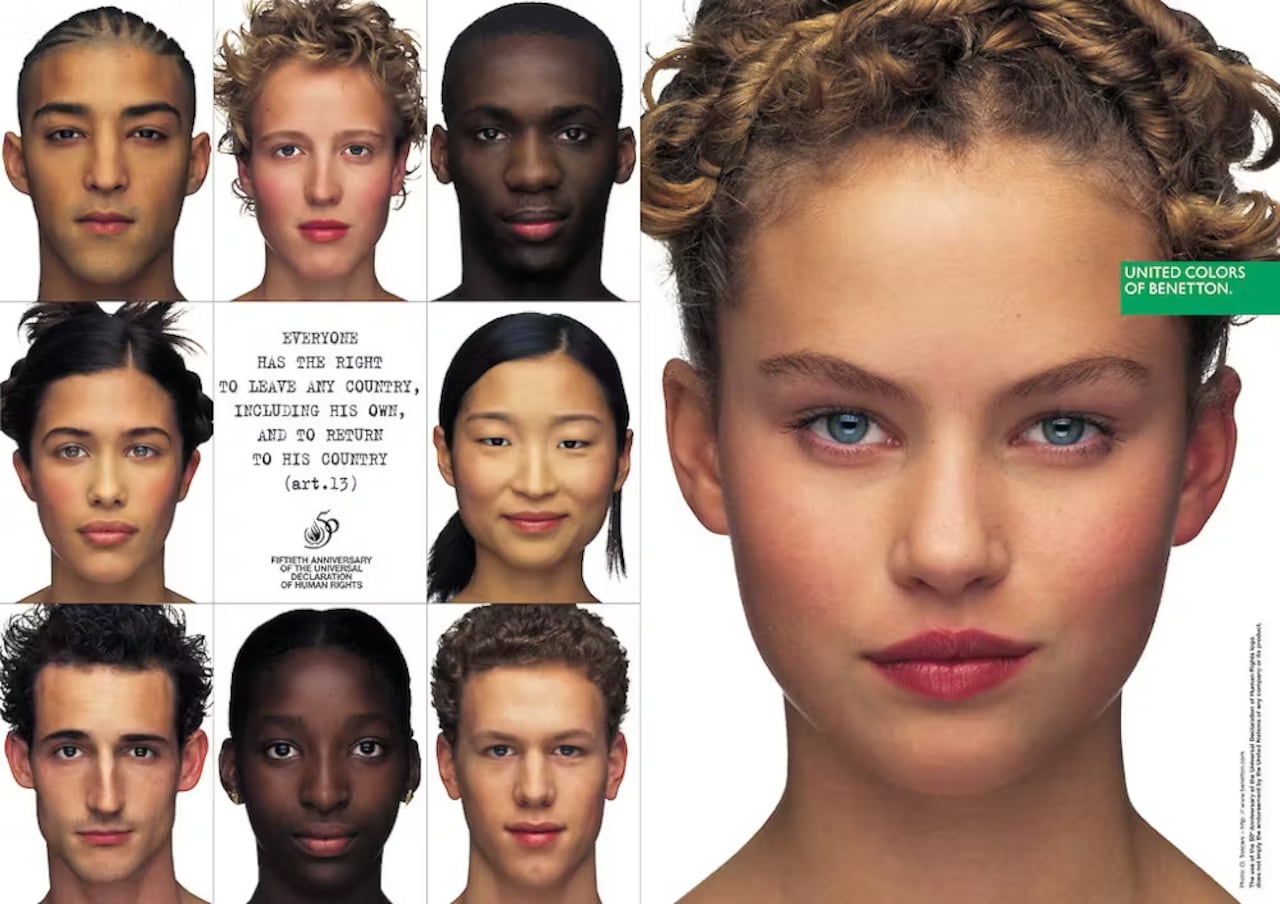 Una de las campañas históricas de la marca United Colors of Benetton creada por Oliviero Toscani en 1998 apelaba al decimotercer artículo de la Declaración Universal de los Derechos Humanos para indicar que ‘todo el mundo tiene derecho a abandonar cualquier país, incluido el suyo, y a regresar a su país’. United Colors of Benetton
