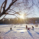 a group of people ice skating on a frosted lake on a sunny winter day