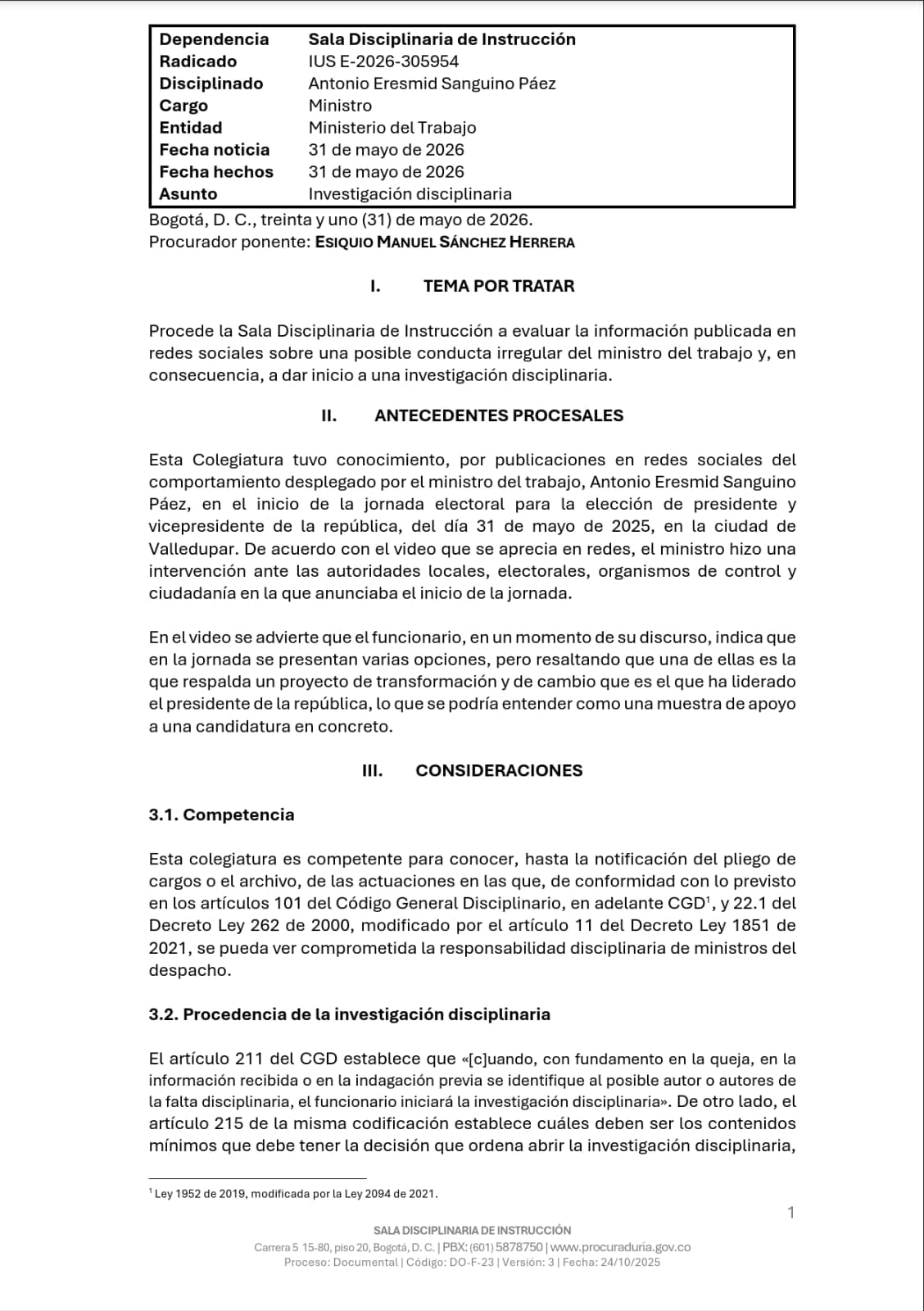 Procuraduría abrió investigación a Antonio Sanguino por supuesta participación indebida en política