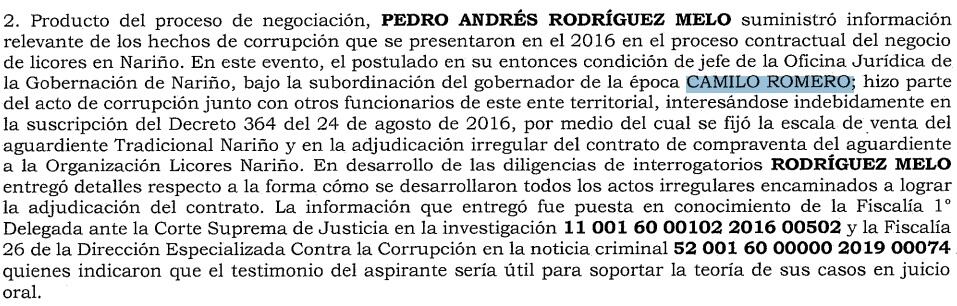Pedro Rodríguez Melo, exjefe de la oficina jurídica de la gobernación de Nariño, acusó a Camilo Romero de participar en un contrato corrupto.