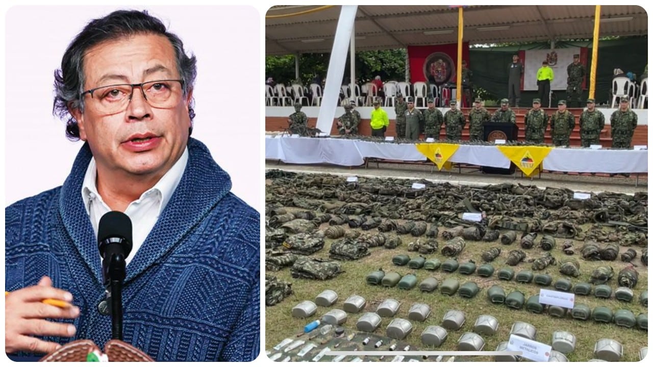 Gustavo Petro y las prendas y elementos que entregaron los hombres del Frente 33 de las Farc al Ejército.