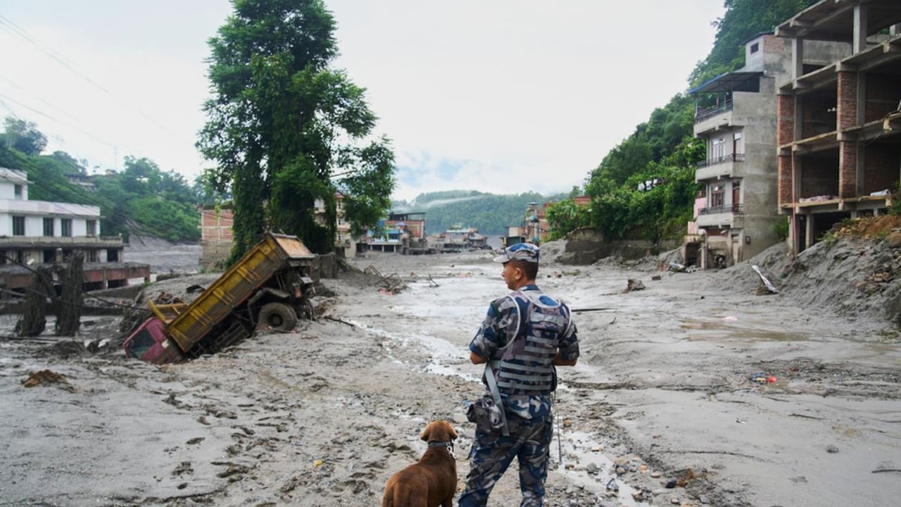 Un policía con un perro rastreador observa los daños tras las inundaciones repentinas en Devighat, en el distrito de Nuwakot, Nepal, el jueves 27 de agosto de 2026. (Foto AP/Niranjan Shrestha)