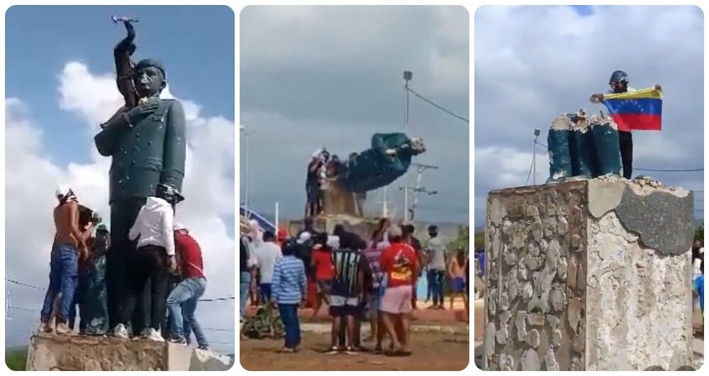 La estatua de Hugo Chávez que terminó en el suelo en medio del descontento de los venezolanos.