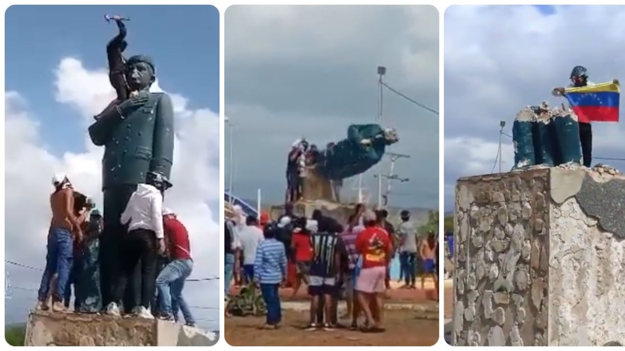 La estatua de Hugo Chávez que terminó en el suelo en medio del descontento de los venezolanos.
