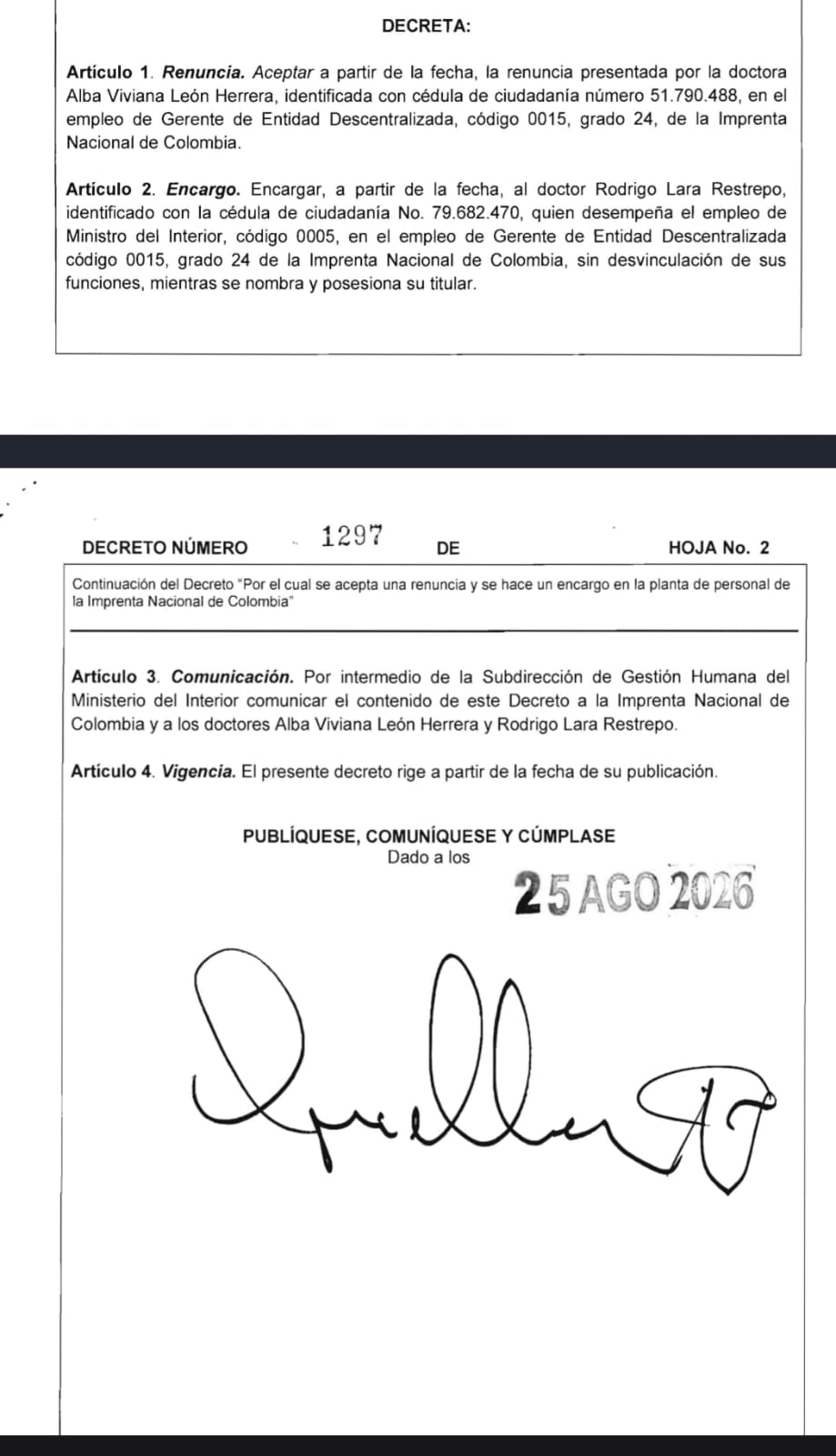 Renunció la gerenta de la Imprenta Nacional y el ministro Rodrigo Lara asumió el encargo.