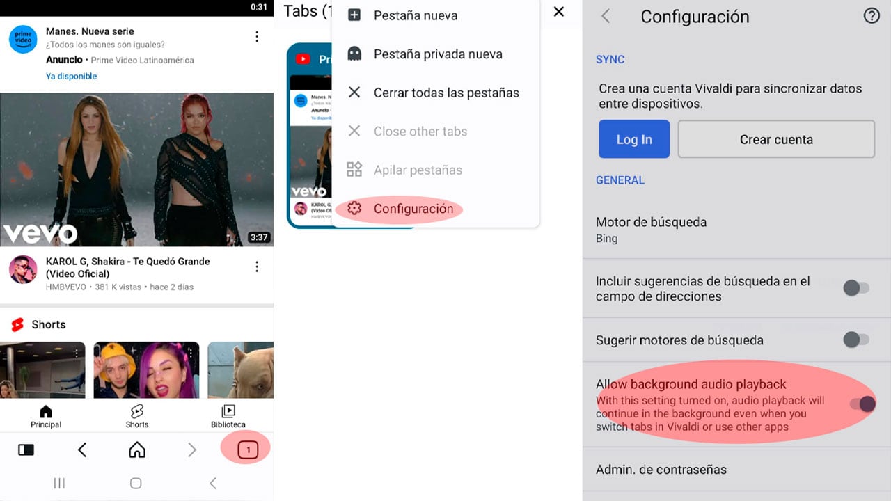 El navegador Vivaldi permite escuchar videos de YouTube con la pantalla del teléfono apagada.
