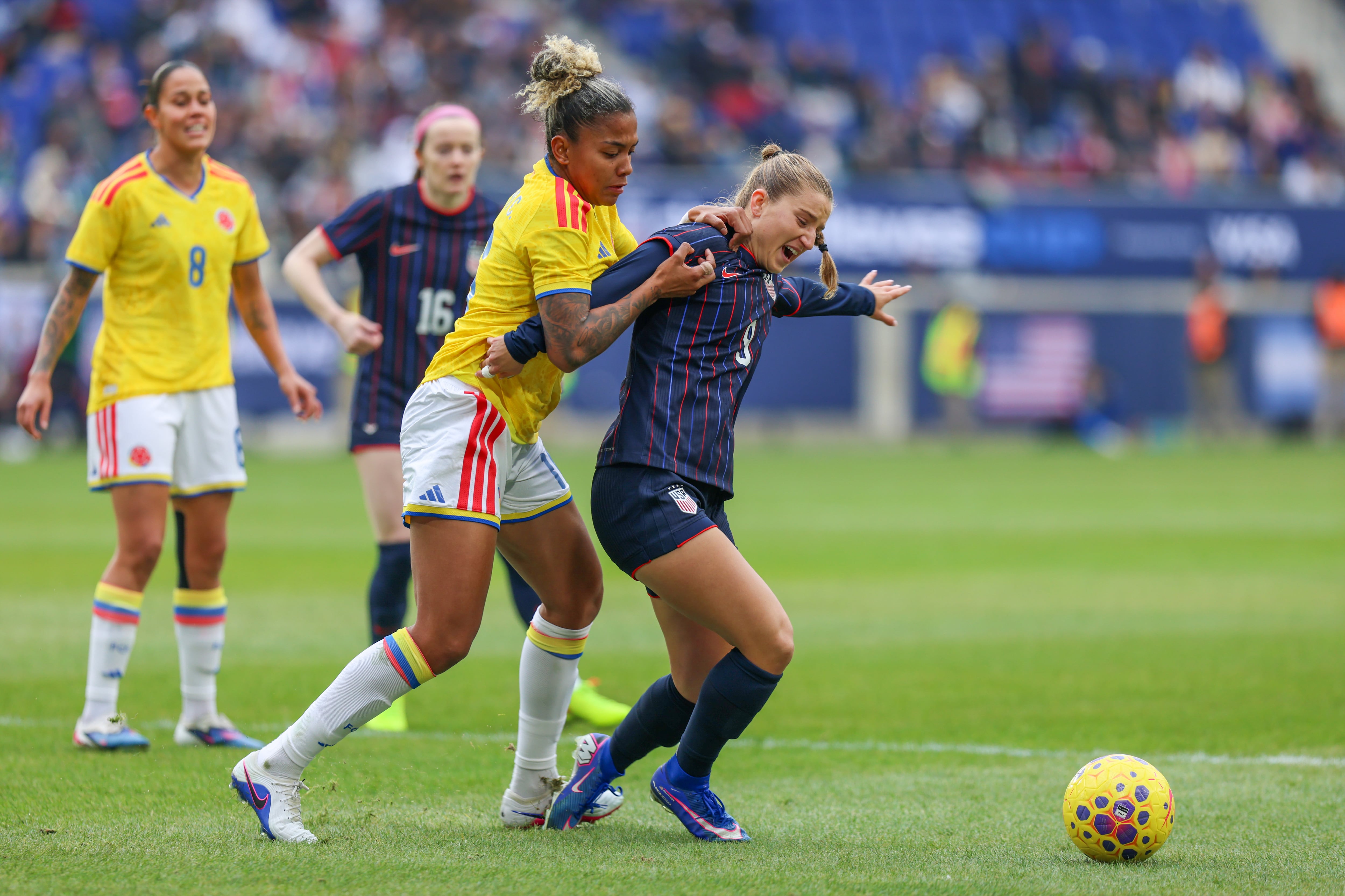HARRISON, NEW JERSEY - MARCH 7: Ally Sentnor #9 of the USWNT shields the ball from Jorelyn Carabali #16 of Colombia in the first half during a match at Sports Illustrated Stadium on March 7, 2026 in Harrison, New Jersey. (Photo by Roger Wimmer/ISI Photos/ISI Photos via Getty Images)