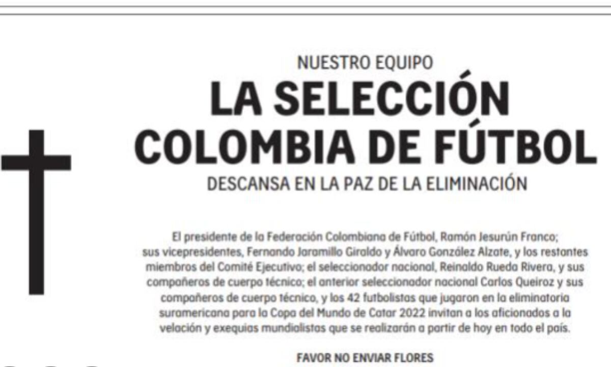 Aviso fúnebre de El Tiempo por la eliminación de la Selección Colombia. Foto: El Tiempo