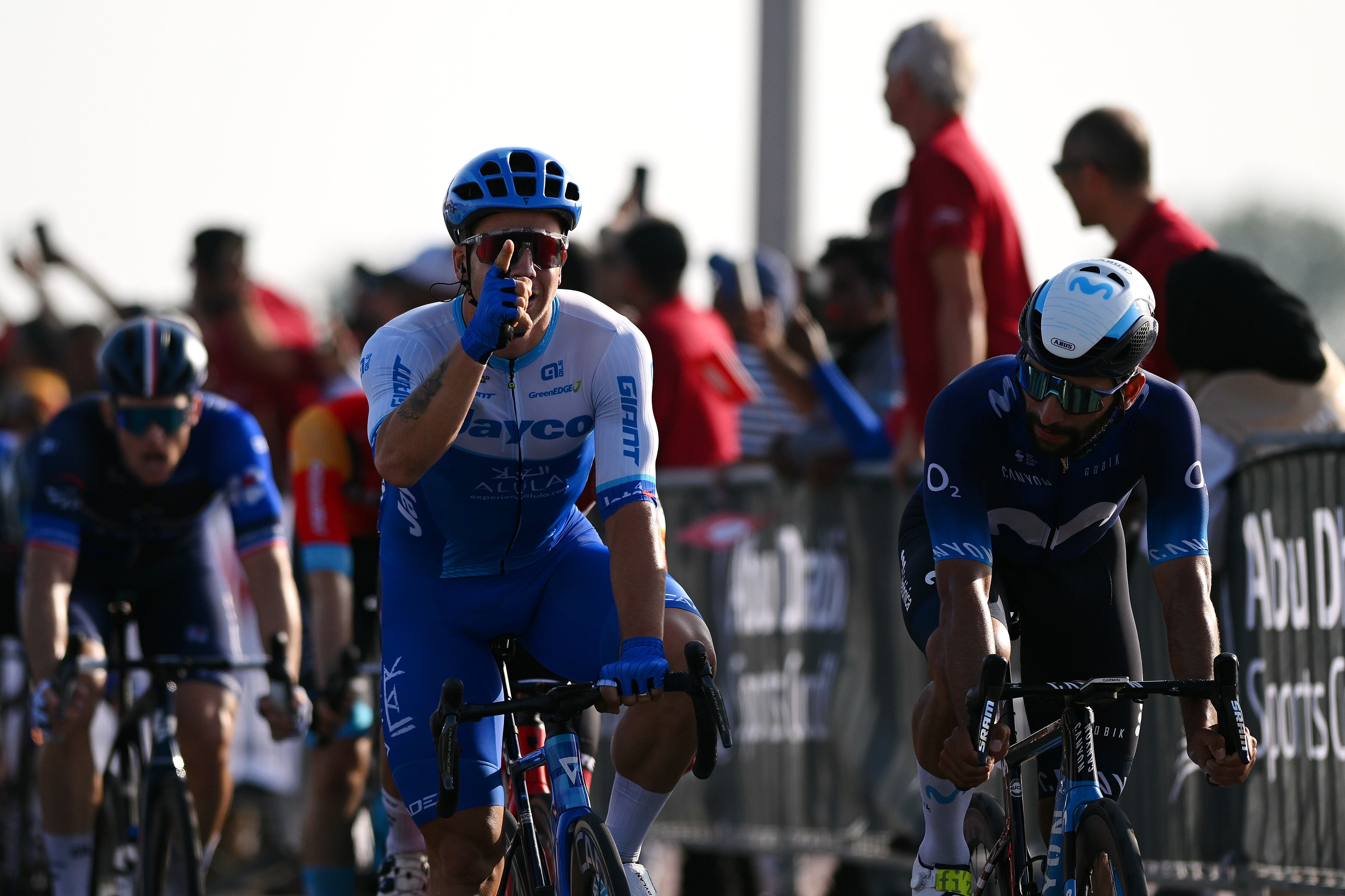UMM AL QUWAIN, UNITED ARAB EMIRATES - FEBRUARY 24: Dylan Groenewegen of The Netherlands and Team Jayco Alula celebrates at finish line as stage winner ahead of Fernando Gaviria Rendon of Colombia and Movistar Team during the 5th UAE Tour 2023, Stage 5 a 170km stage from Al Marjan Island to Umm al Quwain / #UAETour / #UCIWT / on February 24, 2023 in Umm al Quwain, United Arab Emirates. (Photo by Dario Belingheri/Getty Images)