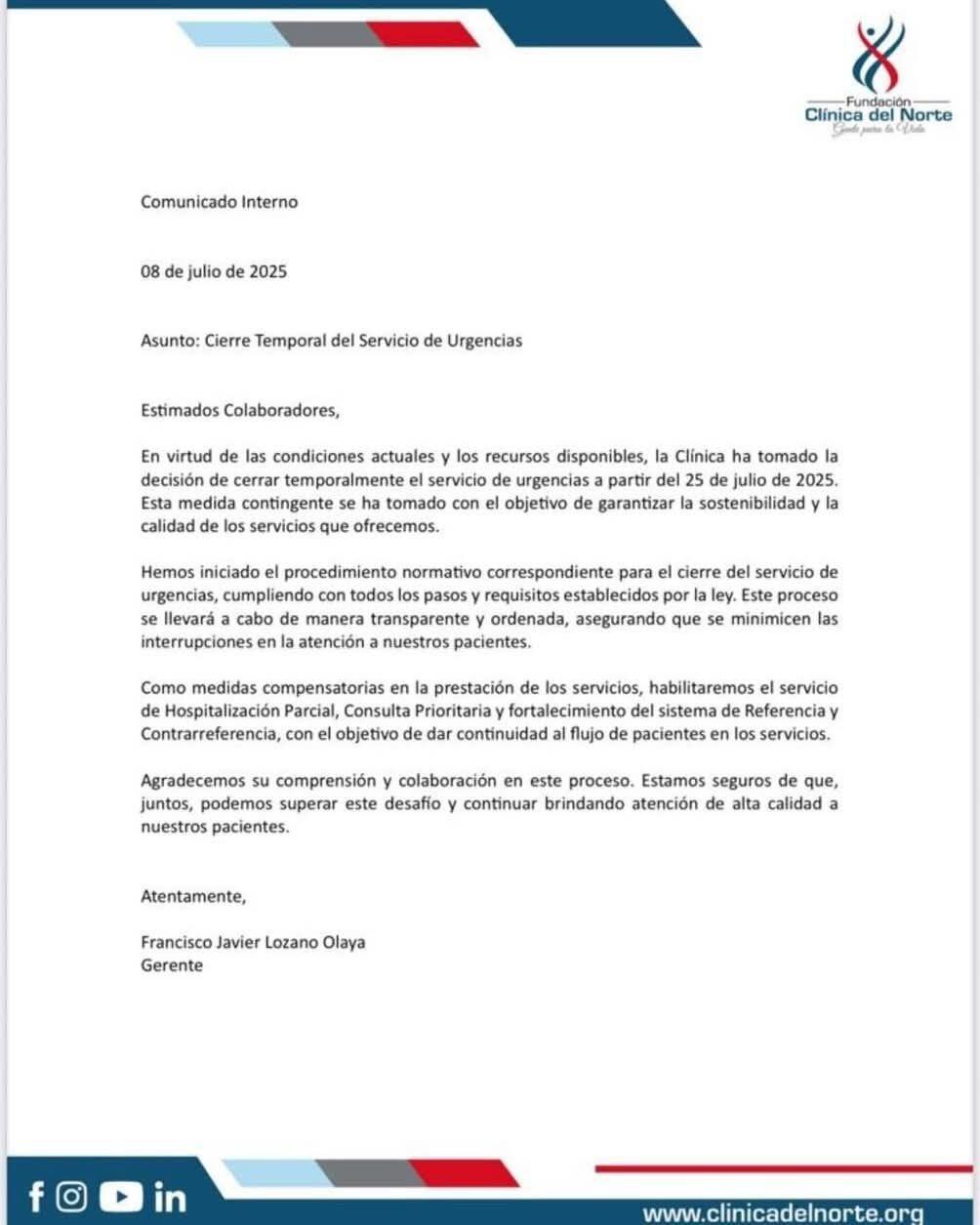 Clínica del Norte anunció cierre de su servicio de urgencias.