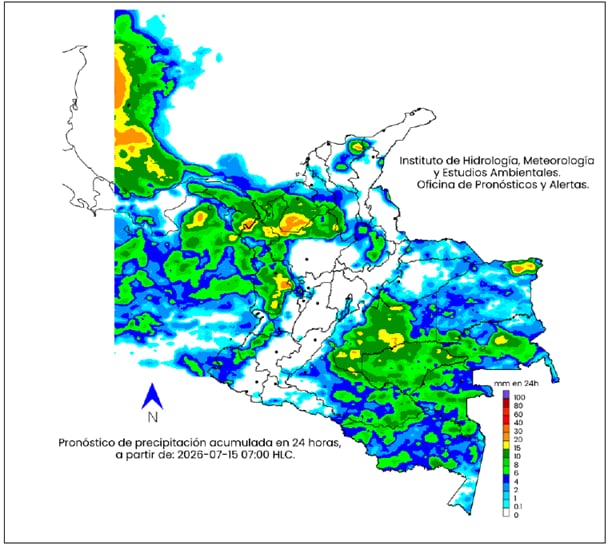 Mapa del clima en Colombia para el miércoles 15 de julio.