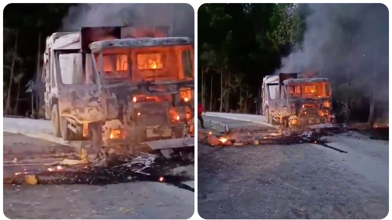 Camión vandalizado por hombres armados en Popayán, Cauca.