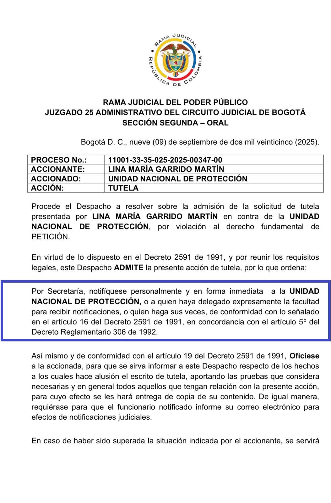 Juez admitió la tutela que interpuso la congresista Lina Garrido contra la Unidad Nacional de Protección (UNP).