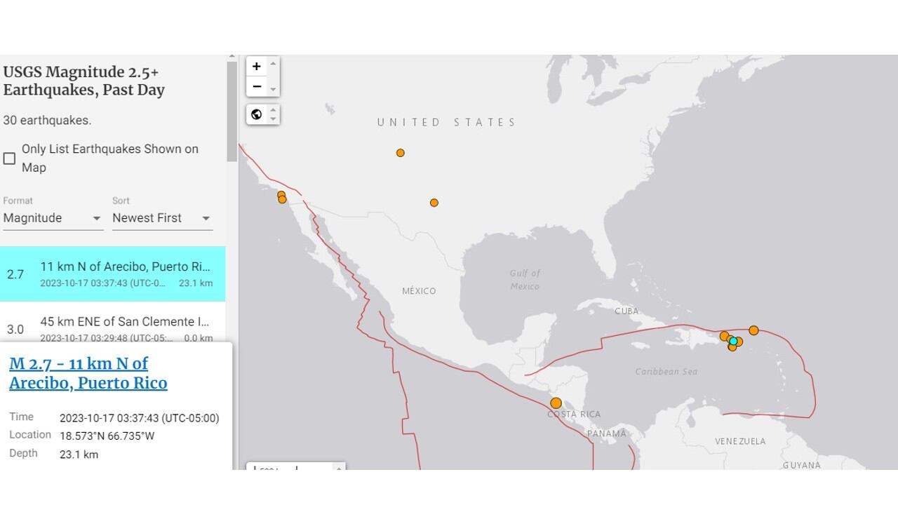Así registró el USGS los temblores en Puerto Rico el martes 17 de octubre