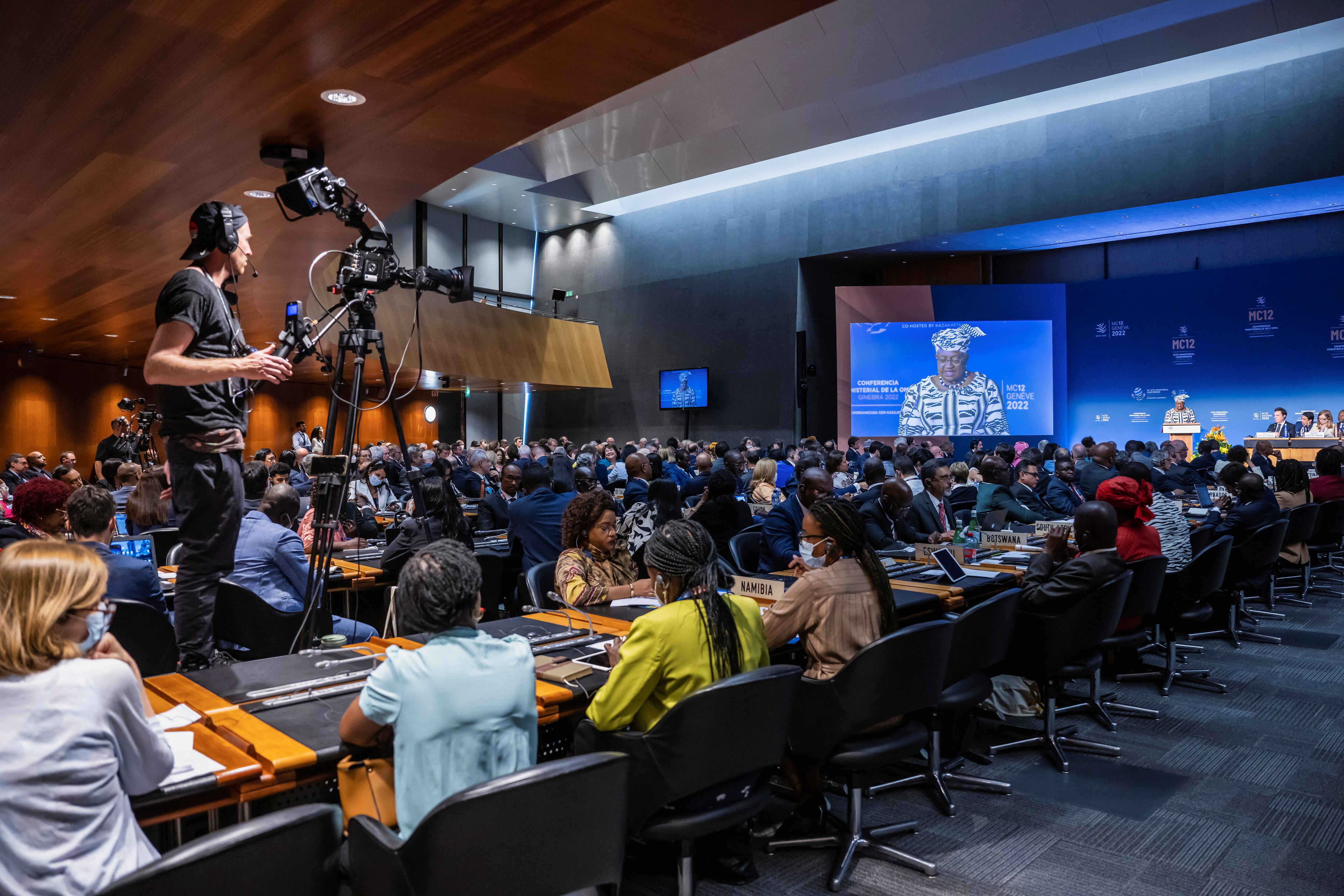 A general view of the room during the speech of Director-General of the World Trade Organisation (WTO) Ngozi Okonjo-Iweala at the opening ceremony of the 12th Ministerial Conference (MC12), at the headquarters of the World Trade Organization, in Geneva, Switzerland, June 12, 2022. Martial Trezzini/Pool via REUTERS