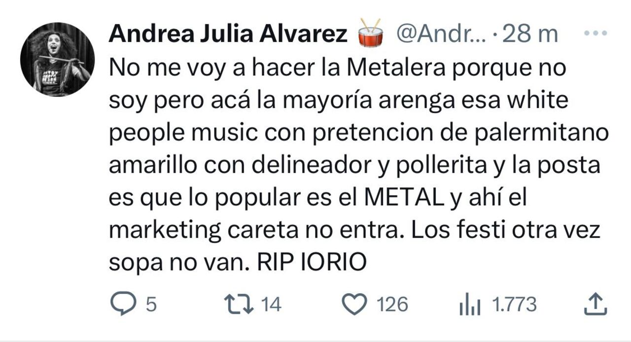 La percusionista se pronunció tras la muerte de Ricardo Iorio