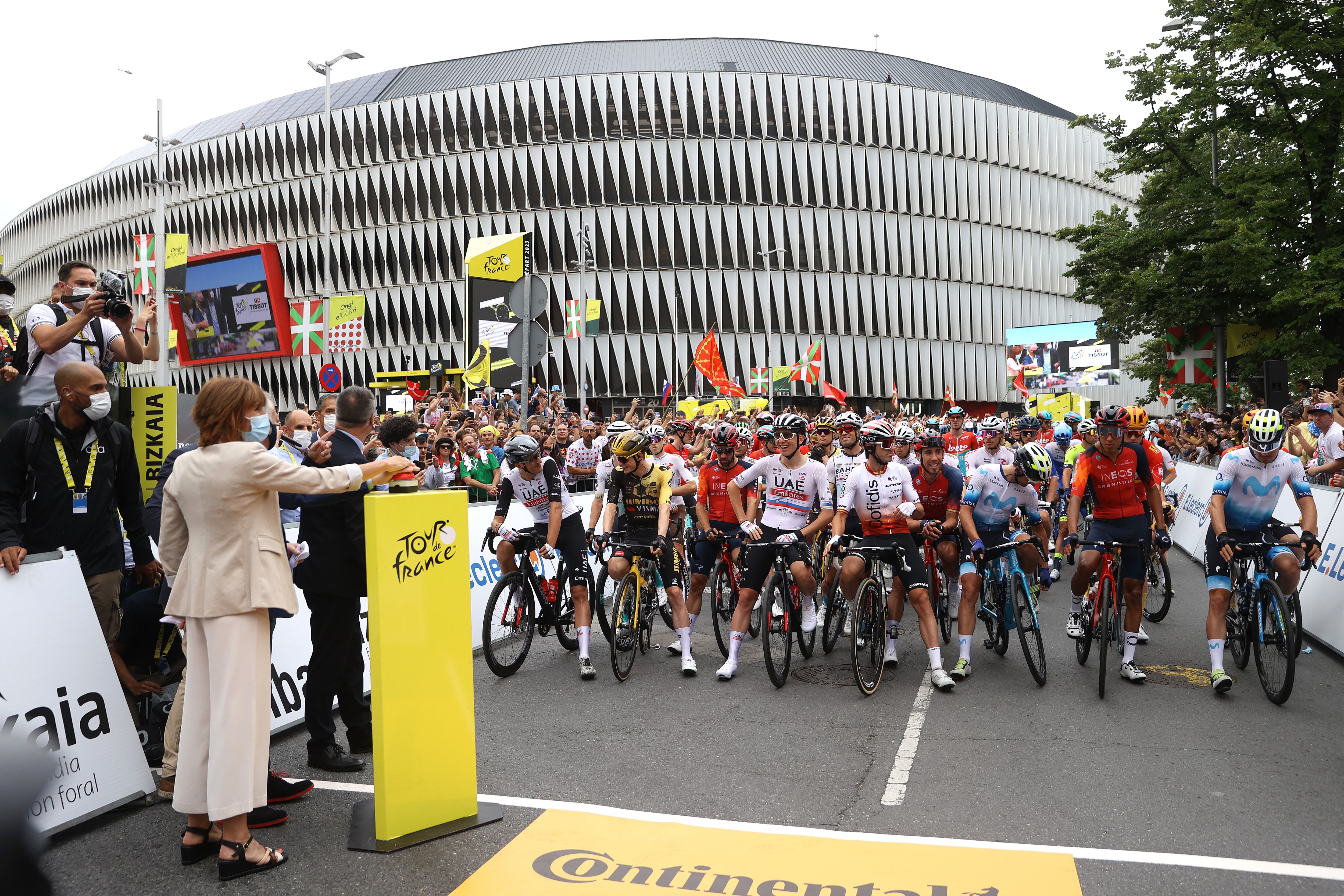 BILBAO, SPAIN - JULY 01: (L-R) Marc Soler of Spain and UAE Team Emirates, Jonas Vingegaard of Denmark and Team Jumbo-Visma, Jonathan Castroviejo of Spain and Team INEOS Grenadiers, Jonas Vingegaard of Denmark and Team Jumbo-Visma, Ion Izagirre of Spain and Team Cofidis, Omar Fraile of Spain and Team INEOS Grenadiers, Ruben Guerreiro of Portugal and Movistar Team, Egan Bernal of Colombia and Team INEOS Grenadiers and Alex Aranburu of Spain and Movistar Team prior to the stage one of the 110th Tour de France 2023 a 182km stage from Bilbao to Bilbao / #UCIWT / on July 01, 2023 in Bilbao, Spain. (Photo by Michael Steele/Getty Images)