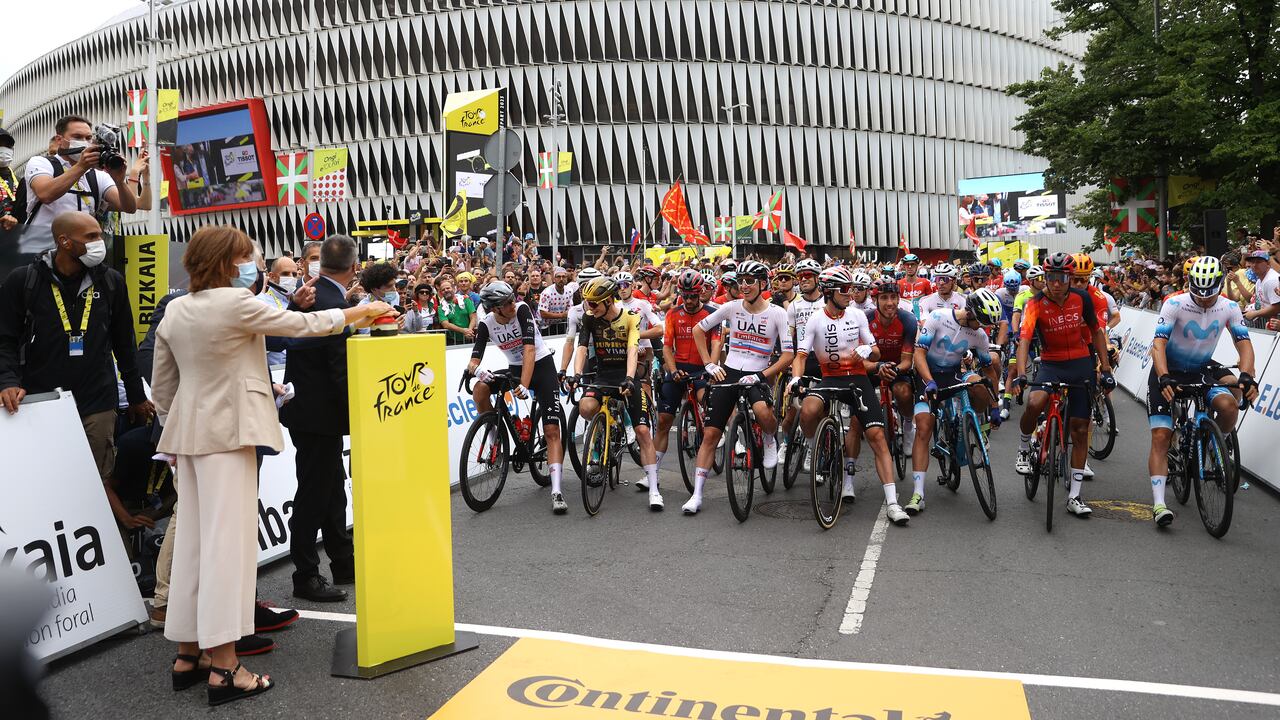 BILBAO, SPAIN - JULY 01: (L-R) Marc Soler of Spain and UAE Team Emirates, Jonas Vingegaard of Denmark and Team Jumbo-Visma, Jonathan Castroviejo of Spain and Team INEOS Grenadiers, Jonas Vingegaard of Denmark and Team Jumbo-Visma, Ion Izagirre of Spain and Team Cofidis, Omar Fraile of Spain and Team INEOS Grenadiers, Ruben Guerreiro of Portugal and Movistar Team, Egan Bernal of Colombia and Team INEOS Grenadiers and Alex Aranburu of Spain and Movistar Team prior to the stage one of the 110th Tour de France 2023 a 182km stage from Bilbao to Bilbao / #UCIWT / on July 01, 2023 in Bilbao, Spain. (Photo by Michael Steele/Getty Images)