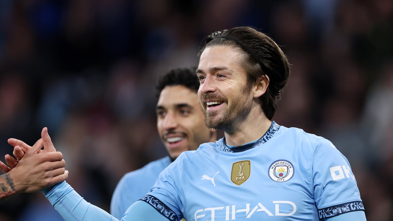 MANCHESTER, ENGLAND - APRIL 02: Jack Grealish of Manchester City celebrates scoring his team's first goal during the Premier League match between Manchester City FC and Leicester City FC at Etihad Stadium on April 02, 2025 in Manchester, England. (Photo by Michael Steele/Getty Images)