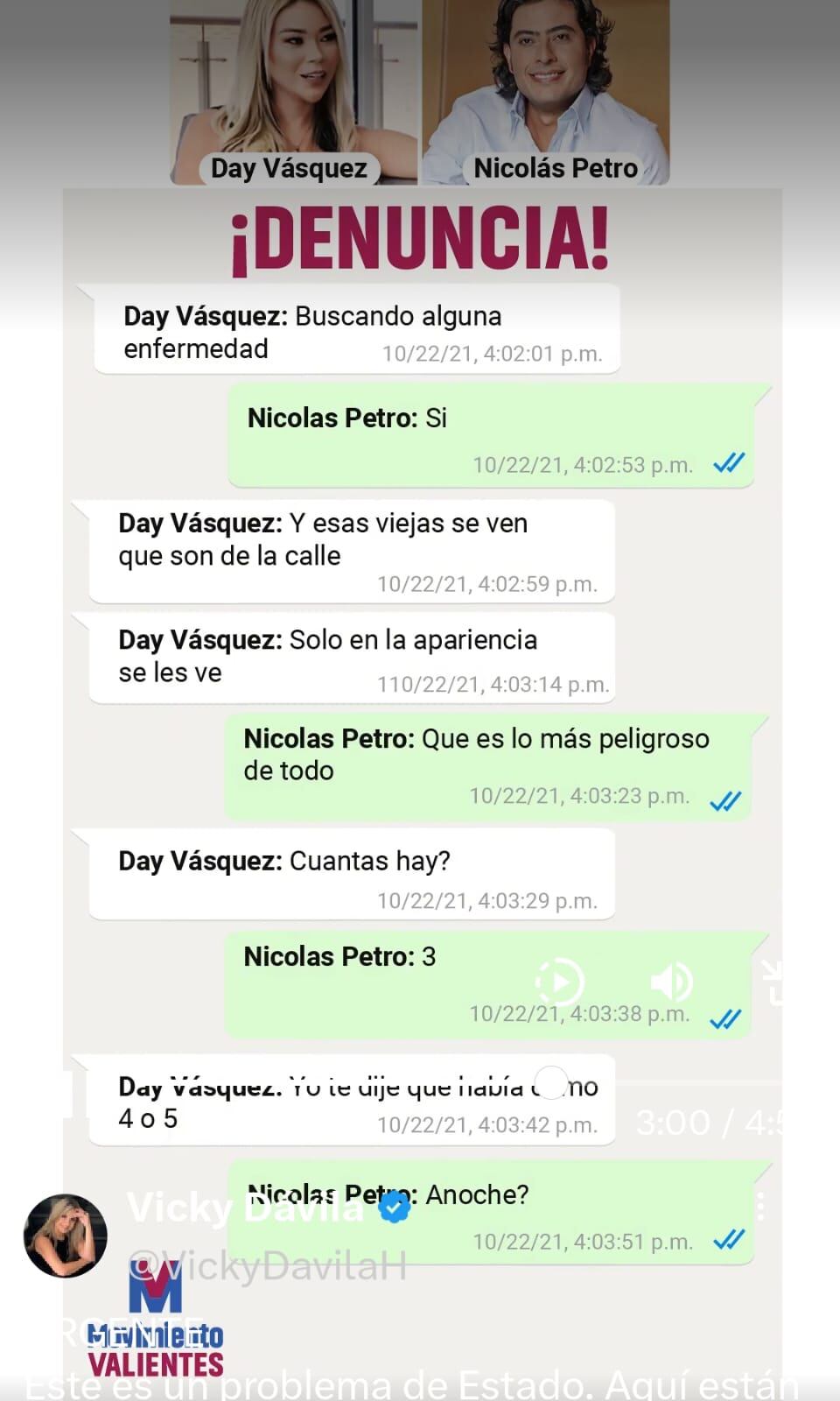 En este chat, Day Vásquez le dice a Nicolás Petro que "estas viejas se ven que son de la calle". Foto: Tomada de redes / El País.