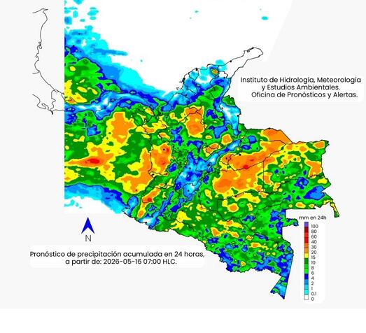 Clima para el sábado 16 de mayo: la escala de colores indica la cantidad  
de precipitación acumulada (en milímetros).