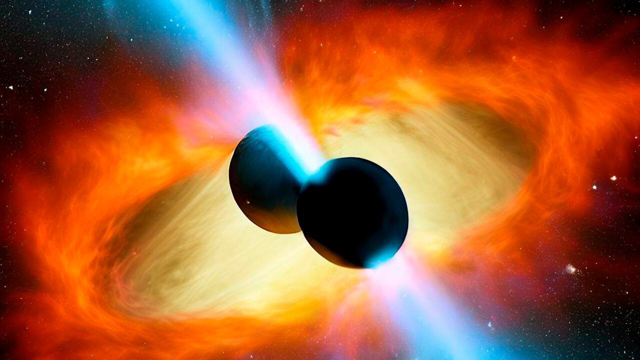 Ilustración creada por inteligencia artificial que representa una colisión de dos agujeros negros.