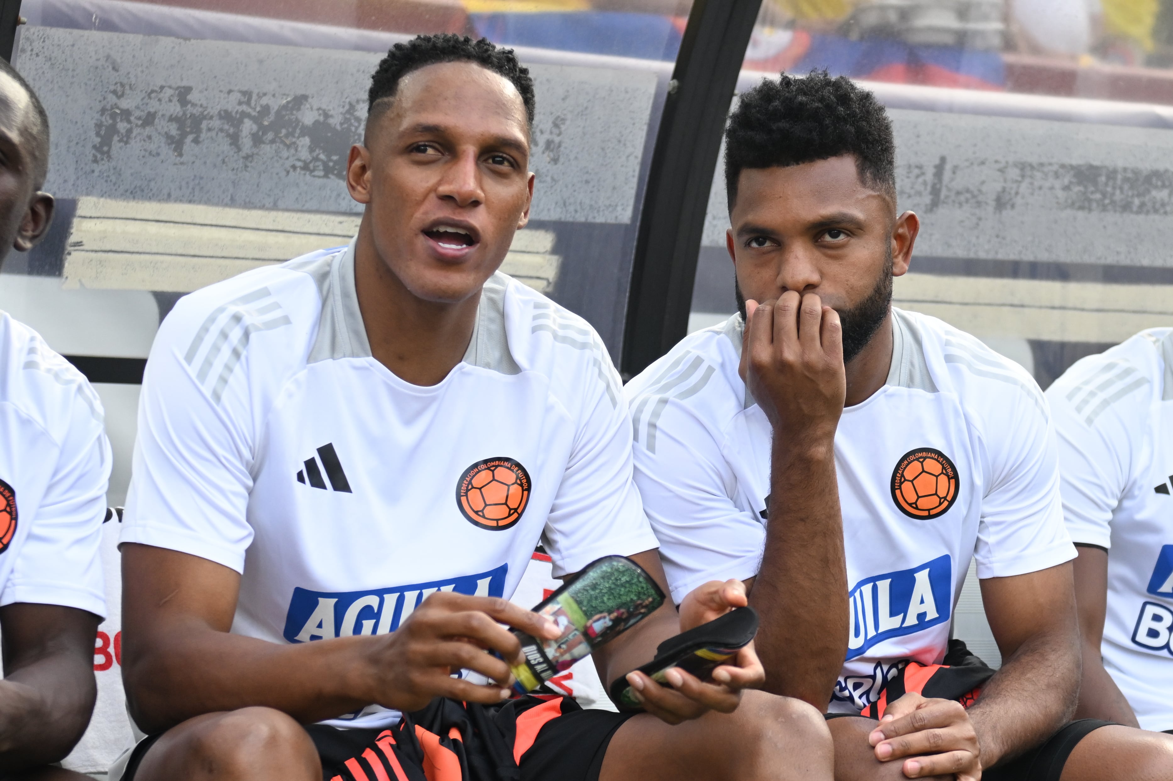 LANDOVER, MARYLAND - JUNE 8: Miguel Borja #9 talks with Yerry Mina #13 of Colombia before the match between Colombia and USMNT at Commanders Field on June 8, 2024 in Landover, Maryland. (Photo by Stephen Nadler/ISI Photos/Getty Images)