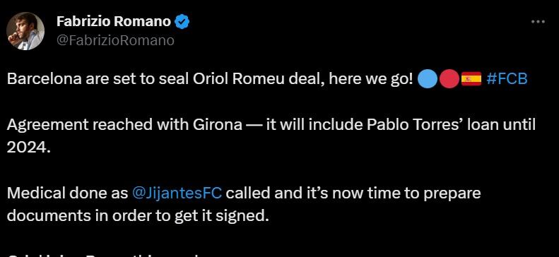 Información de Fabrizio Romano sobre Oriol Romeu.