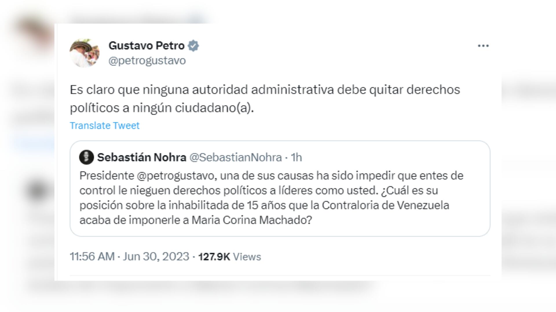 El presidente Gustavo Petro se refirió sobre la inhabilidad de María Corina Machado en su cuenta de Twitter.