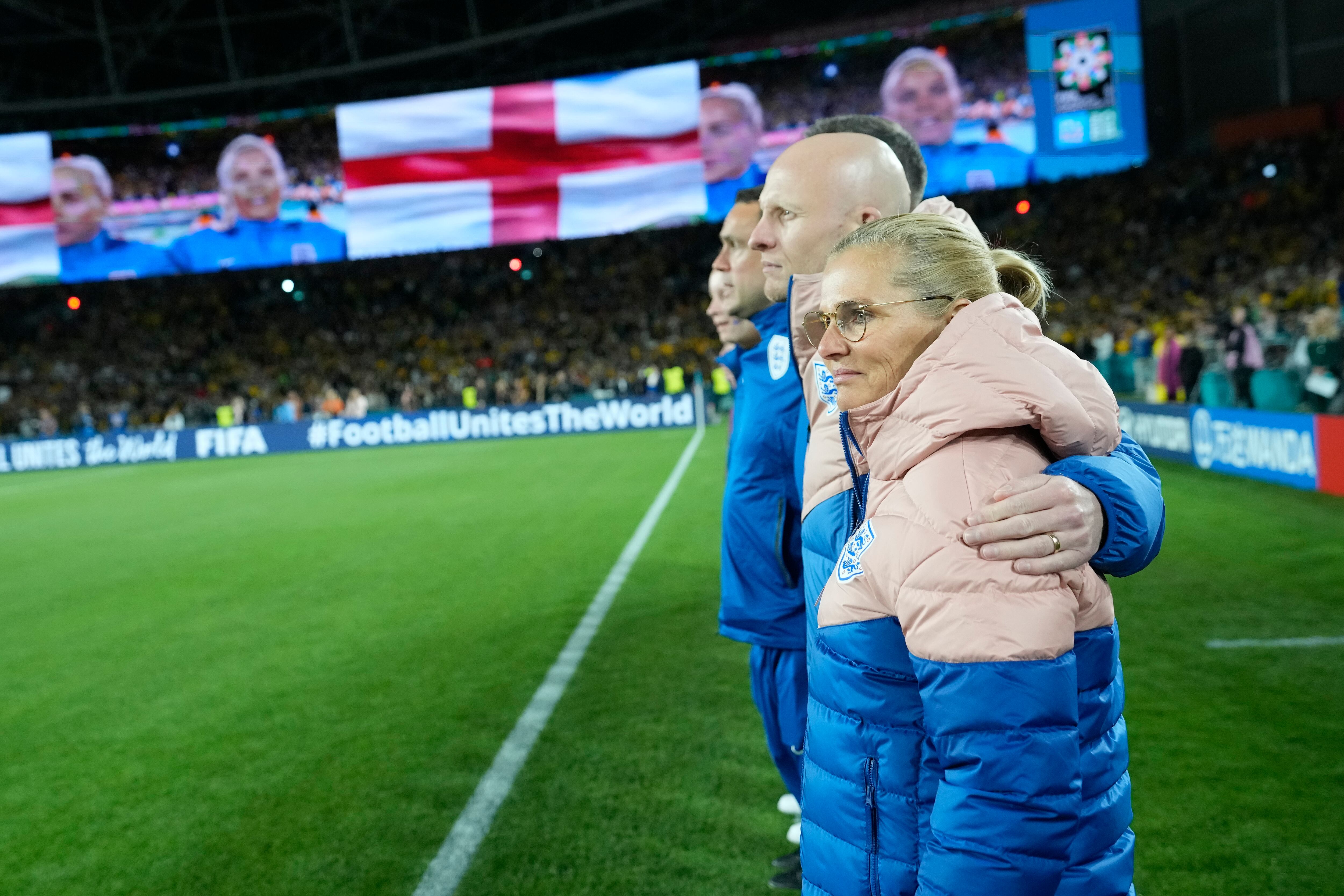 England's head coach Sarina Wiegman ahead the Women's World Cup semifinal soccer match between Australia and England at Stadium Australia in Sydney, Australia, Wednesday, Aug. 16, 2023. (AP Photo/Alessandra Tarantino)