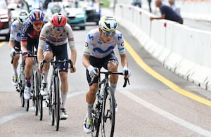 ANDALO , ITALY - MAY 27: Einer Rubio of Colombia and Team Movistar competes in the chase group during the 109th Giro d'Italia 2026, Stage 17 a 202km stage from Cassano d'Adda to Andalo 1012m / #UCIWT / on May 27, 2026 in Andalo Valtellino, Italy. (Photo by Dario Belingheri/Getty Images)