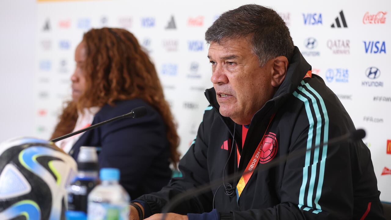 MELBOURNE, AUSTRALIA - AUGUST 08: Nelson Abadia, Head Coach of Colombia, speaks to the media in the post match press conference following the FIFA Women's World Cup Australia & New Zealand 2023 Round of 16 match between Colombia and Jamaica at Melbourne Rectangular Stadium on August 08, 2023 in Melbourne / Naarm, Australia. (Photo by Alex Grimm - FIFA/FIFA via Getty Images)