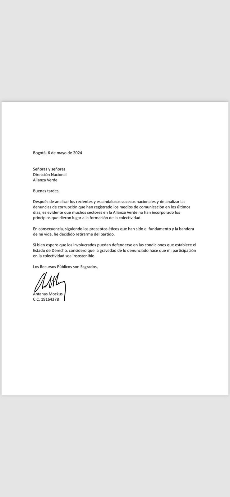 La carta de renuncia de Antanas Mockus.