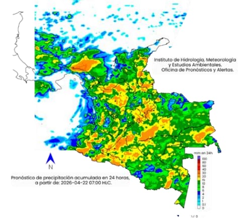 Mapa climático del miércoles 22 de abril del Ideam.