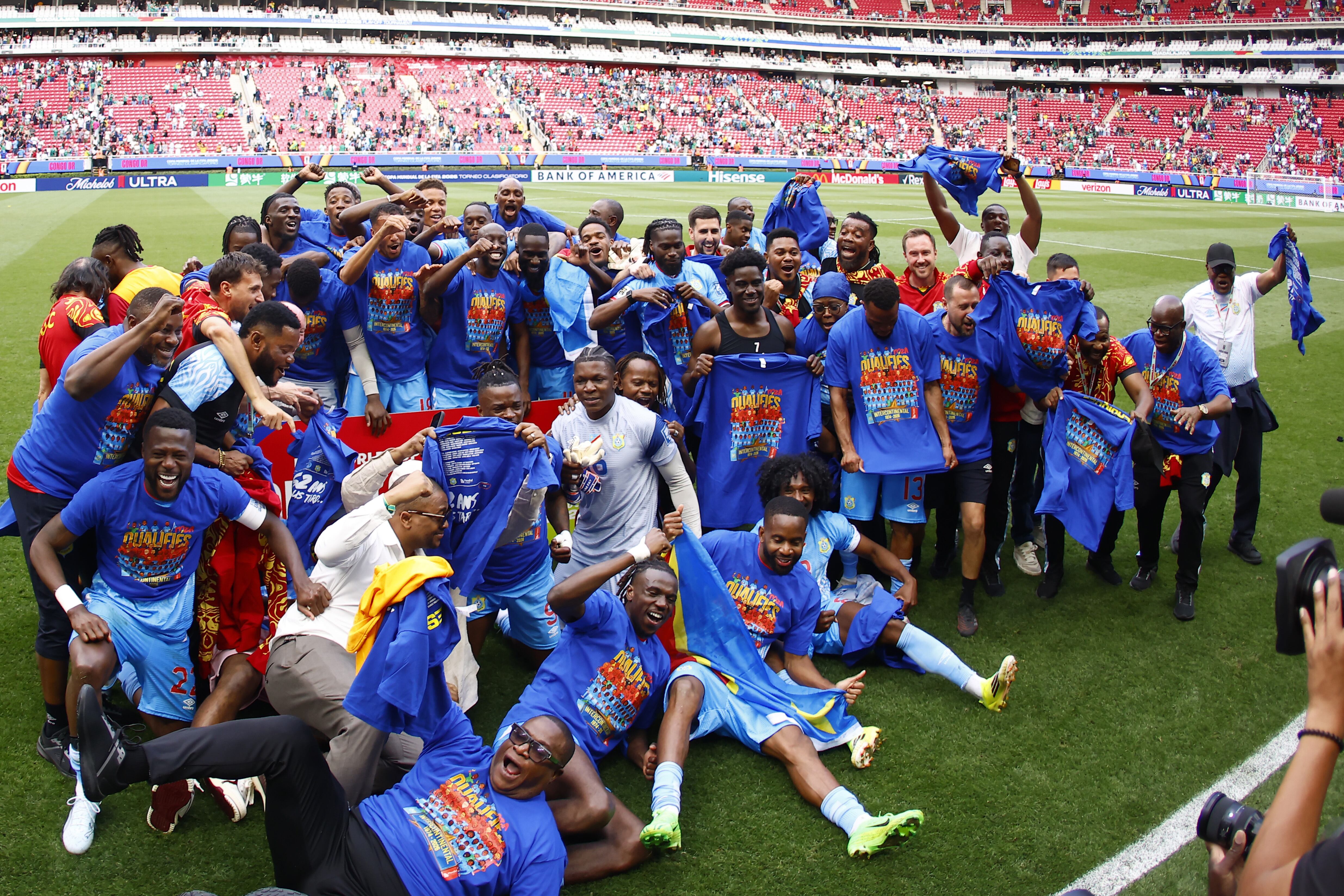 ZAPOPAN, MEXICO - MARCH 31: Players of RD Congo celebrate after qualified to World Cup 2026 by beating Jamaica 1-0 during the playoff qualifying match at the Guadalajara Stadium in Zapopan, Mexico on March 31, 2026. (Photo by Stringer/Anadolu via Getty Images)