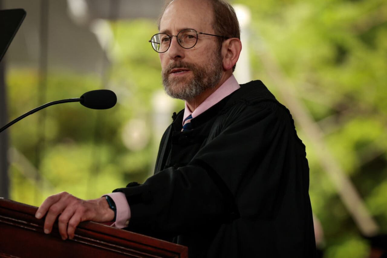 Cambridge, MA - May 23: Interim president of Harvard University Alan Garber addresses the crowd during the 373rd Commencement at Harvard University. (Photo by Craig F. Walker/The Boston Globe via Getty Images)