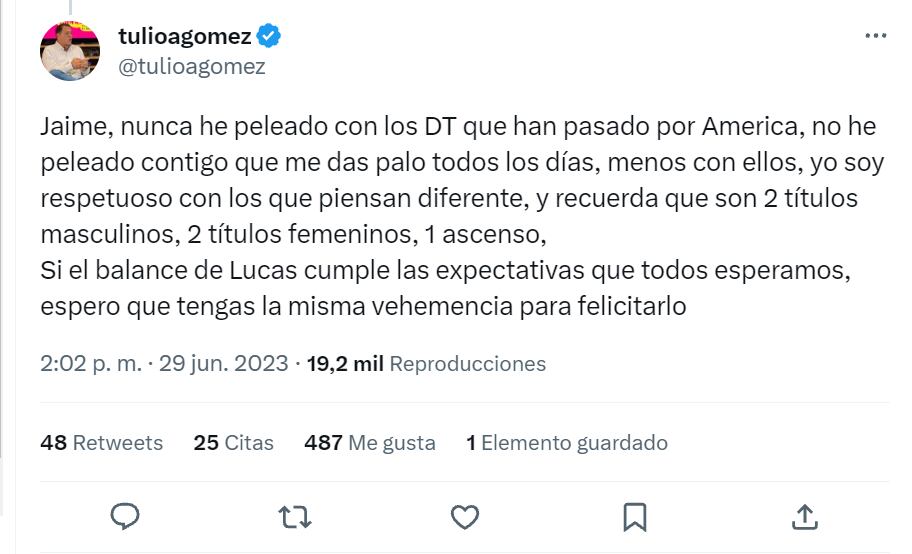 El máximo accionista del América le respondió al periodista Jaime Dinas.