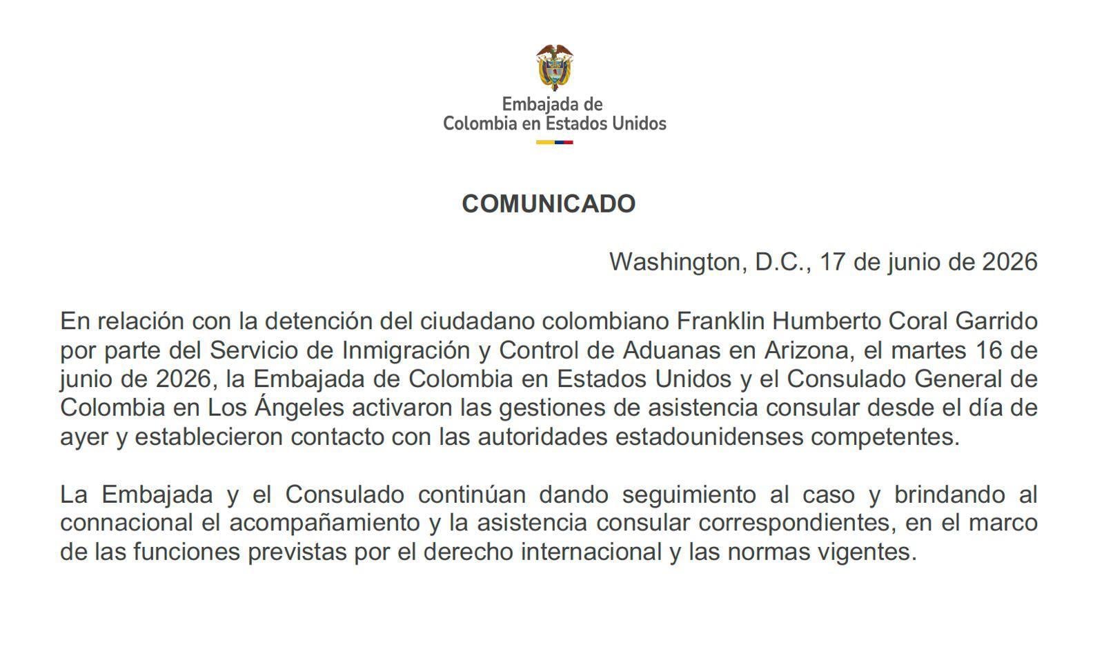 Comunicado de la embajada de Colombia en EE.UU.