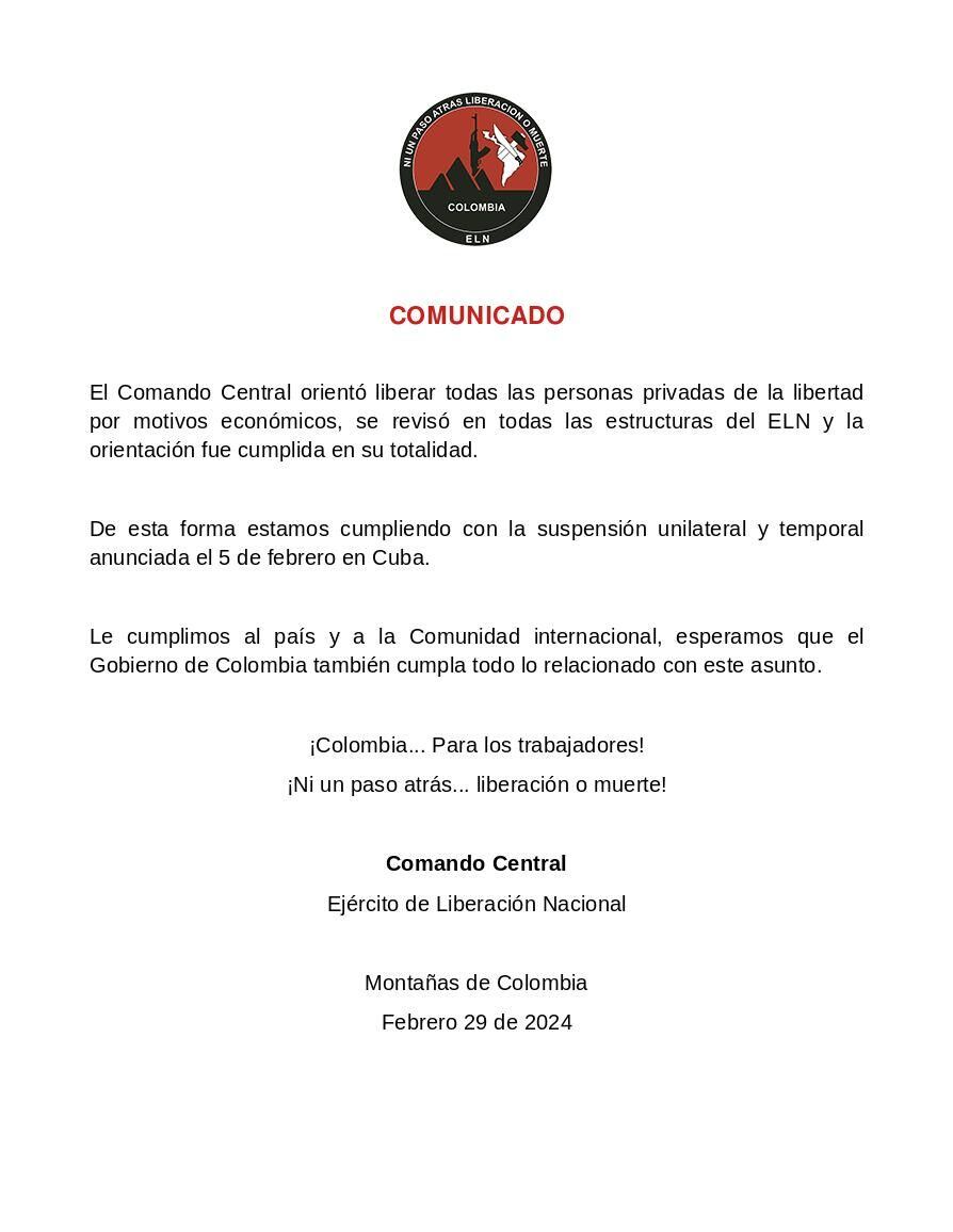 Todas las personas habrían sido liberadas, según el comunicado.