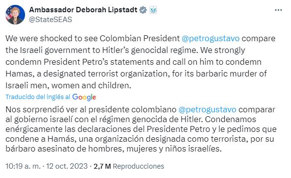 Mensaje emitido por la embajadora en su cuenta oficial de X