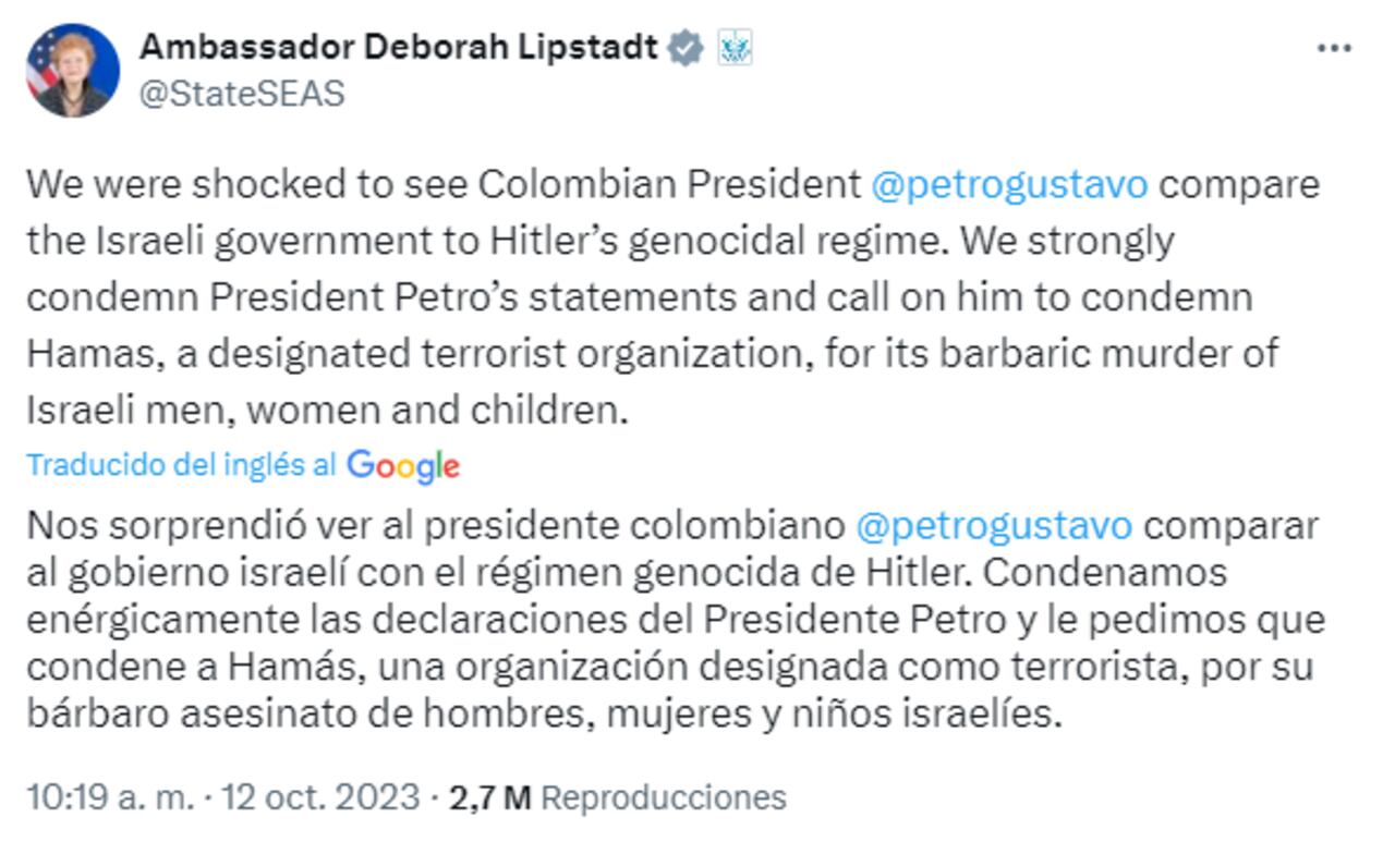 Mensaje emitido por la embajadora en su cuenta oficial de X