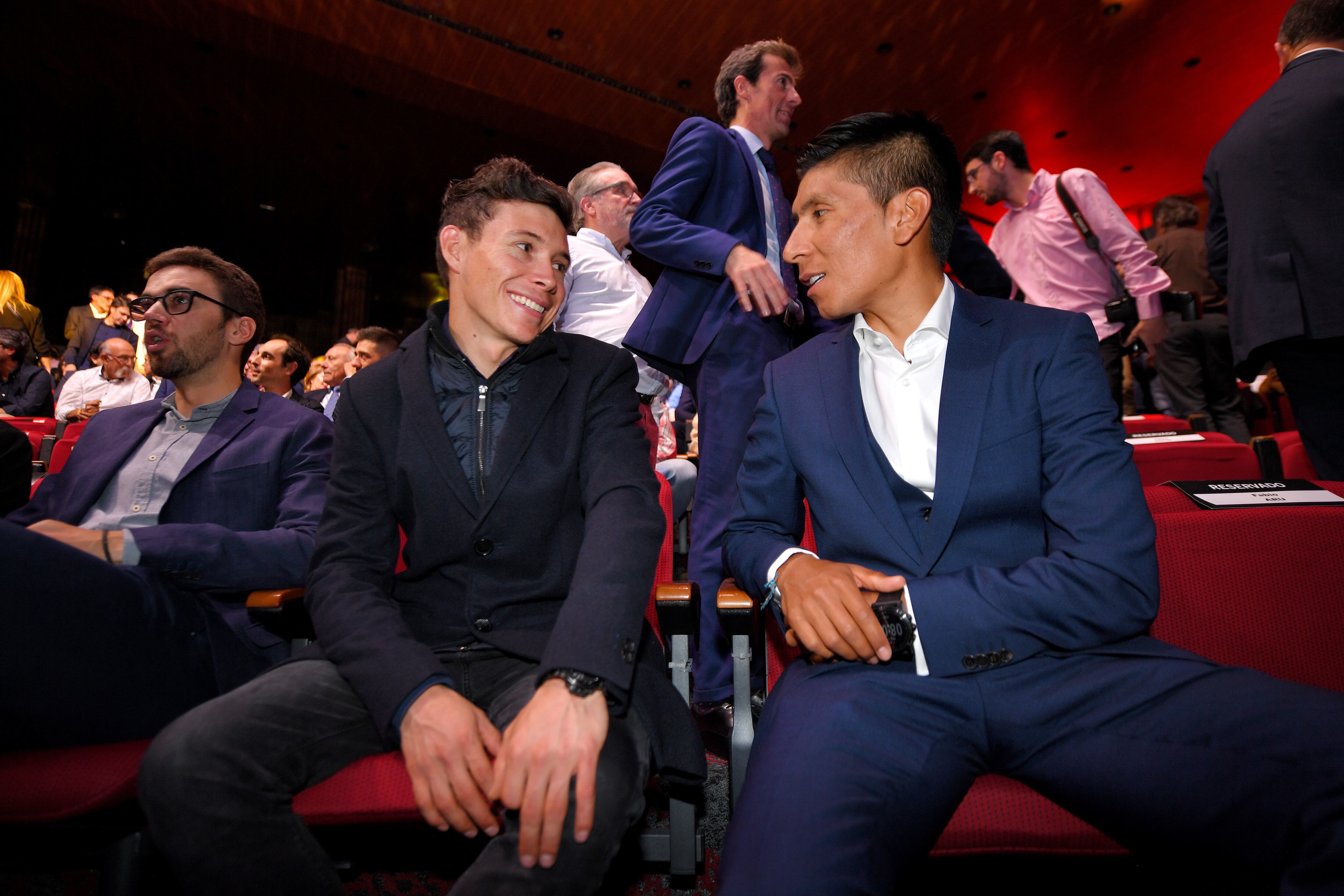 MADRID, SPAIN - DECEMBER 17: Miguel Ángel López Moreno of Colombia and Astana Pro Team / Nairo Quintana of Colombia and Team Arkéa Samsic / during the 75th Tour of Spain 2020, Route Presentation in Hotel Auditorium of Madrid / @lavuelta / #LaVuelta20 / on December 17, 2019 in Madrid, Spain. (Photo by Tim de Waele/Getty Images)