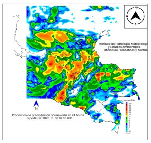 Mapa climatológico de Colombia para el próximo domingo 30 de octubre.